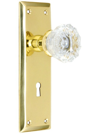 New York Mortise Lock Set With Fluted Crystal Door Knobs in Polished Brass.